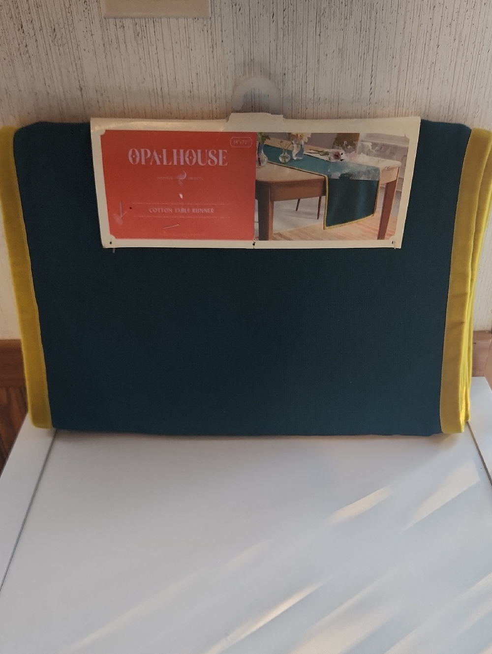 Cotton Teal/Green Linen Long Table Runner Mustard Velvet-like Trim 14"x72'"